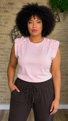 Camiseta Hombrera Apliques Bolas Rosa