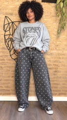 Pantalón Denim Barrel Gris Lunares