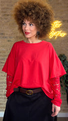 Camiseta Básica Maxi Mangas Encaje Roja