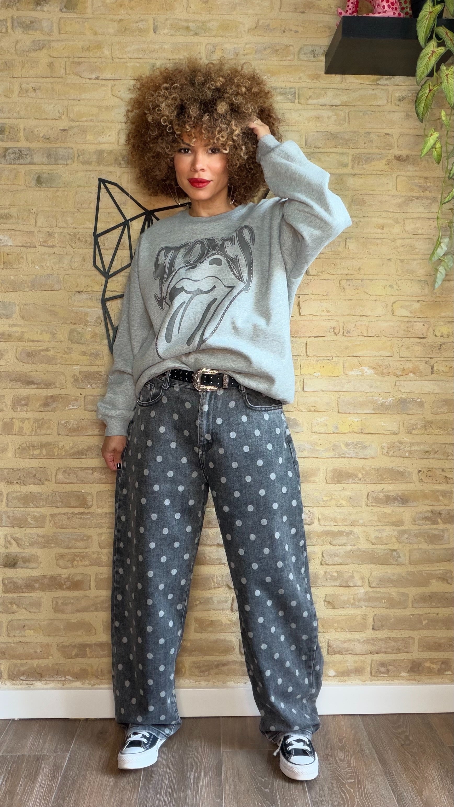 Pantalón Denim Barrel Gris Lunares