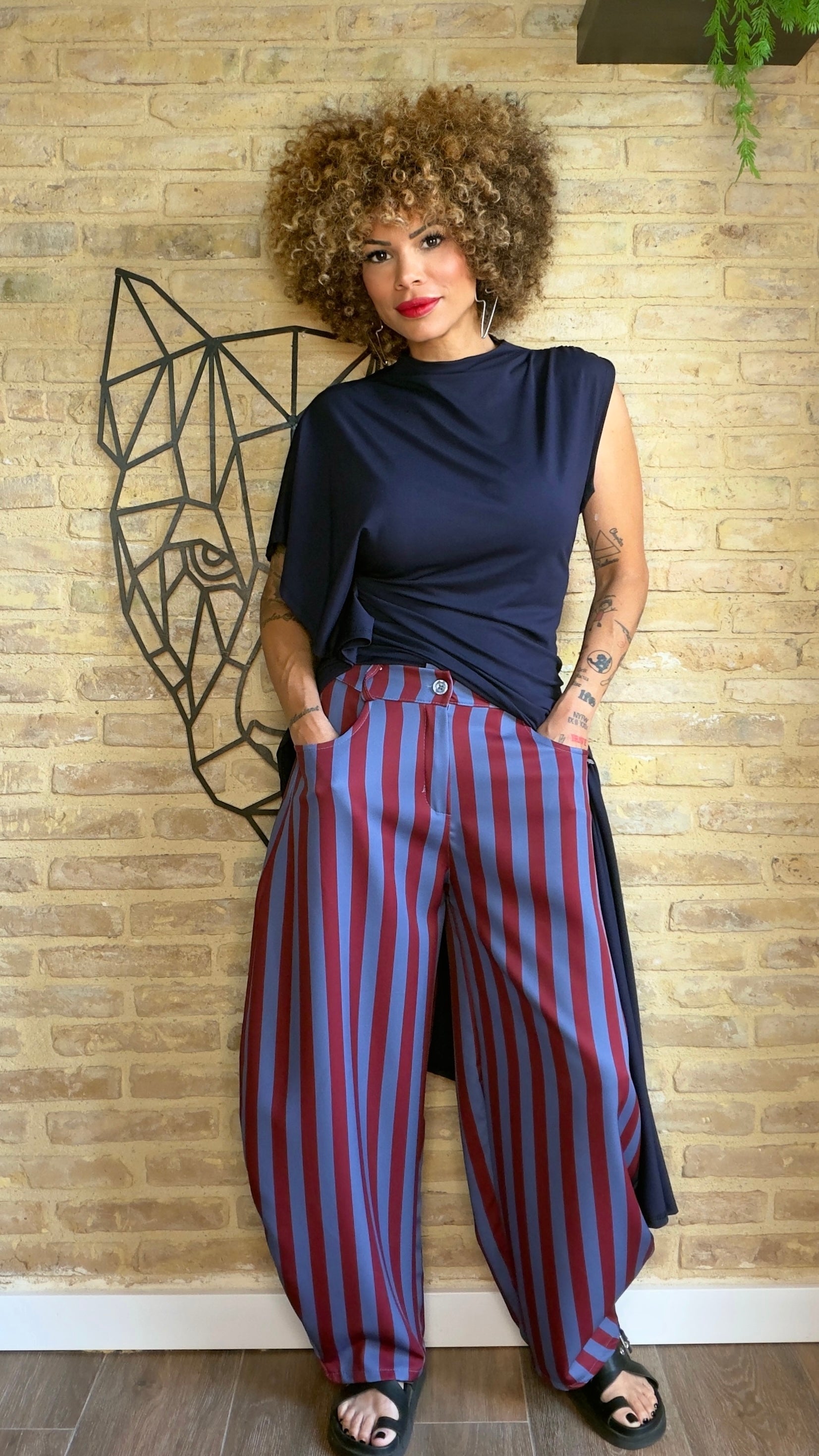 Pantalón Balloon Rayas Granate/Azul