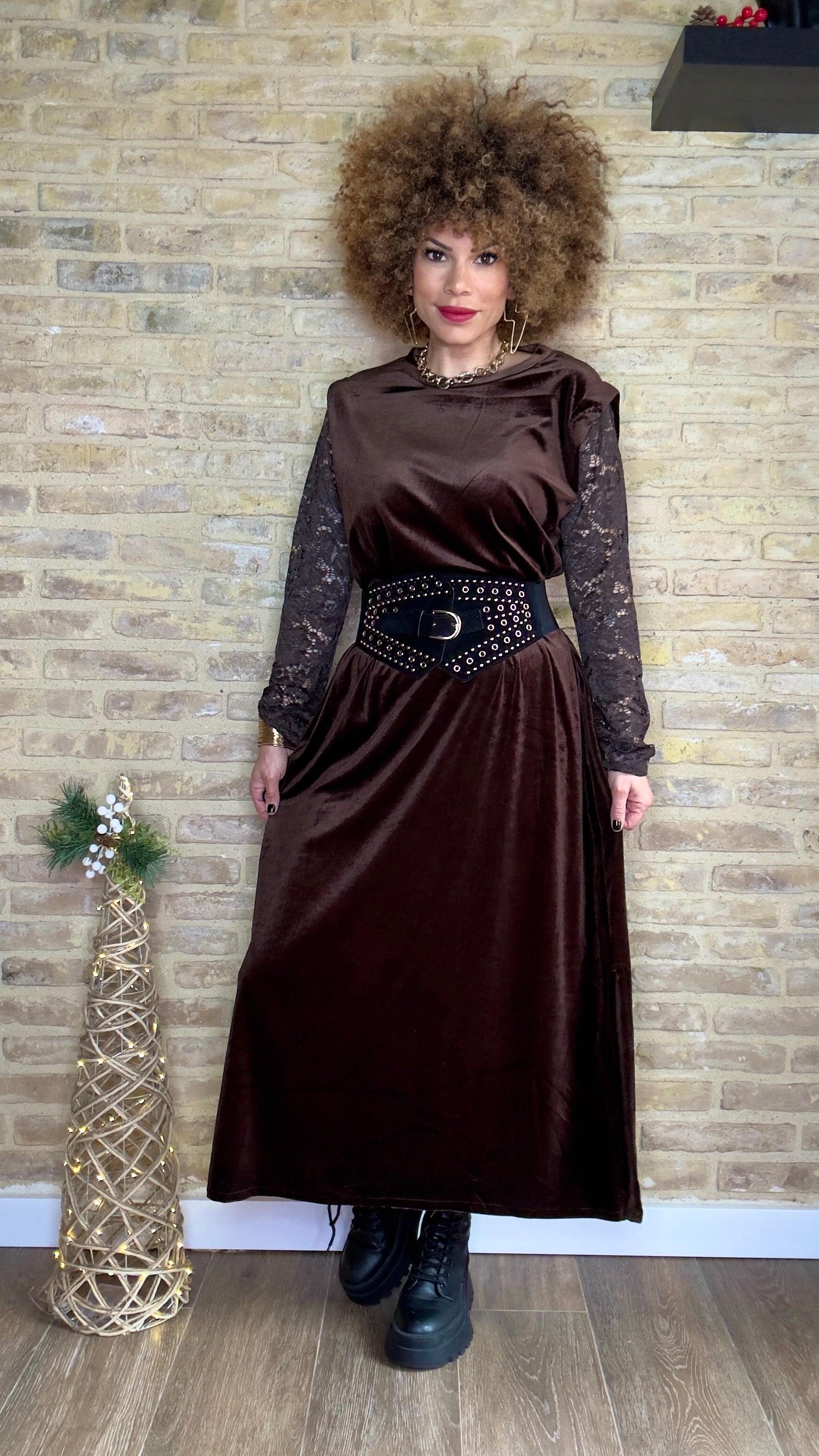 Vestido Choco Manga Encaje