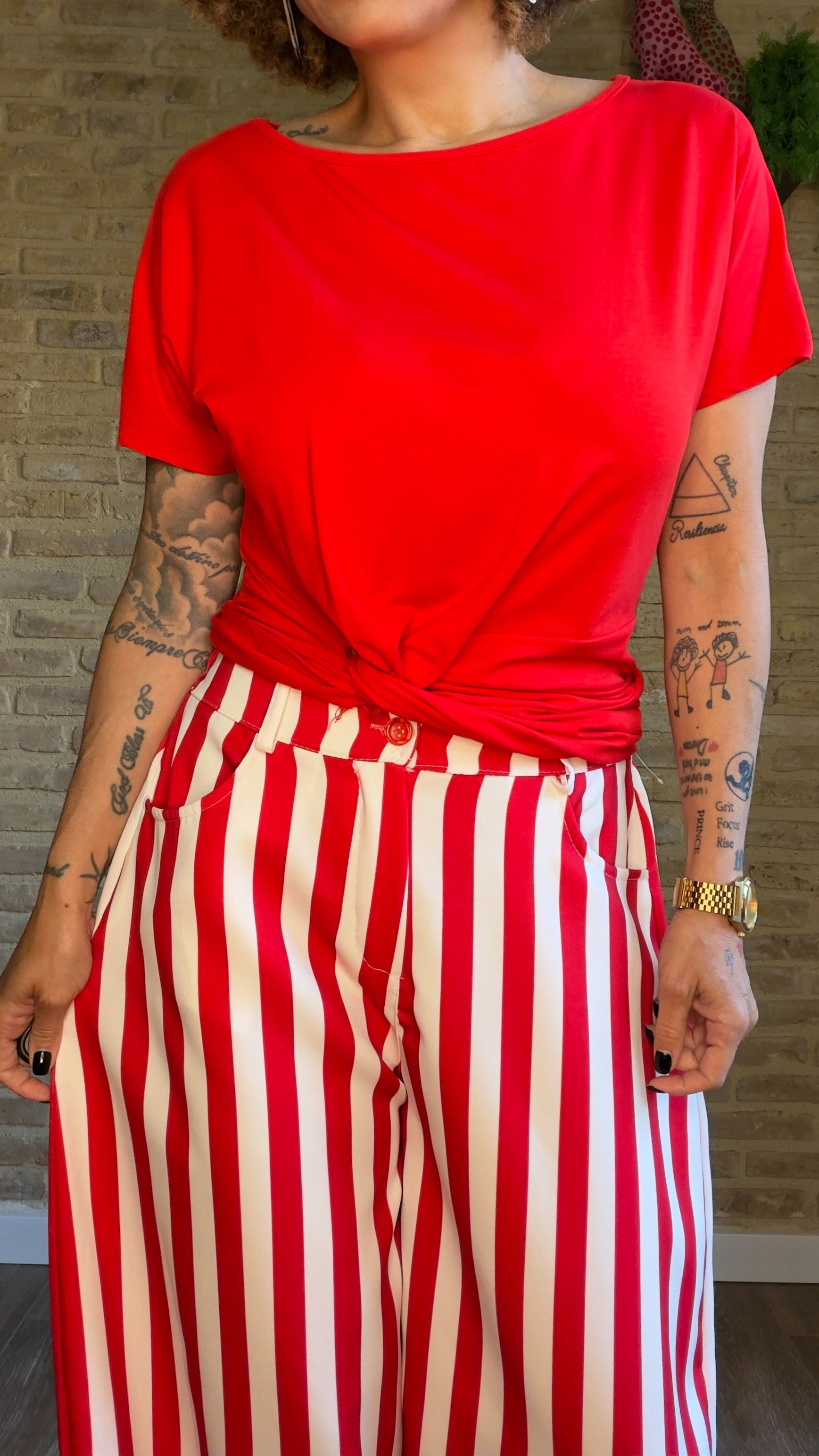 Pantalón Balloon Rayas Blanco/Rojo