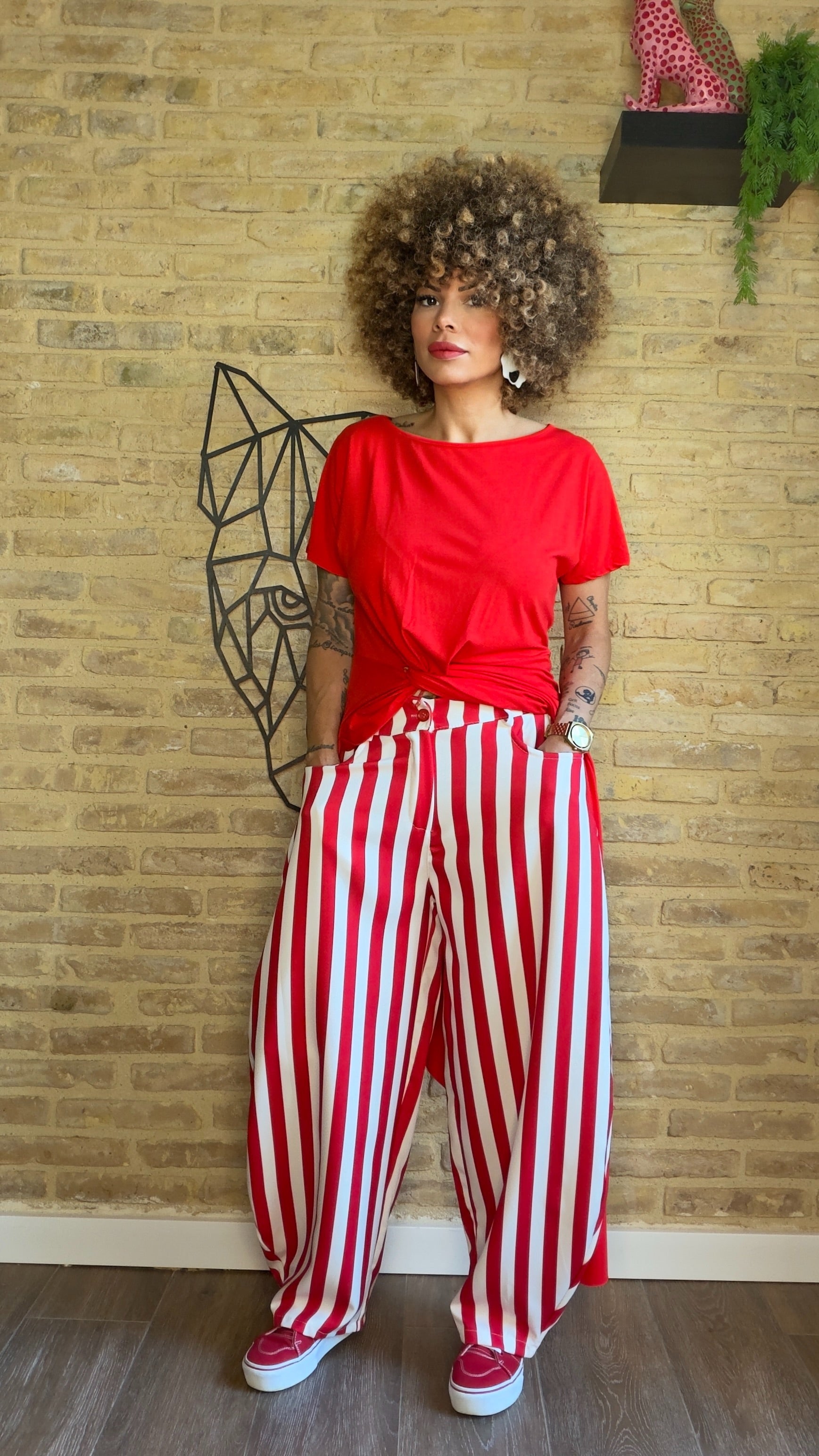 Pantalón Balloon Rayas Blanco/Rojo